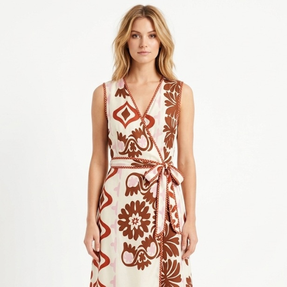 Sleeveless Wrap Midi Dress in Cream & Brown - Brand: